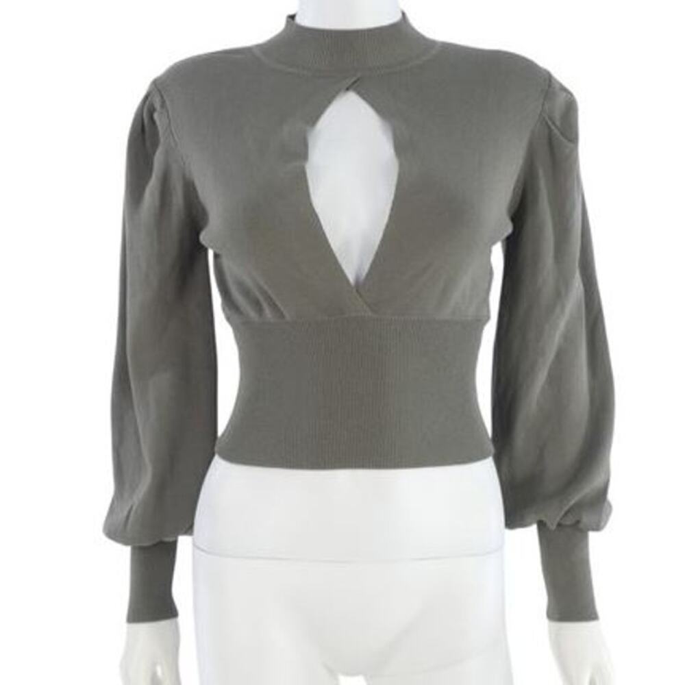 Zara Womens Small Sweater Top Crop Gray Green Keyhole Puff Sleeves Mock Neck